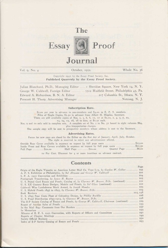 Essay Proof Journal, Oct 1952 Vol. 9 No. 4, US hybrid proofs, Clarence Brazer