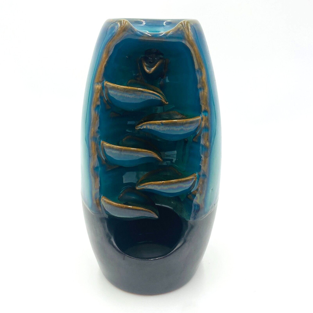 Ceramic Backwards Flow Waterfall Incense Burner, Blue 8" Tall