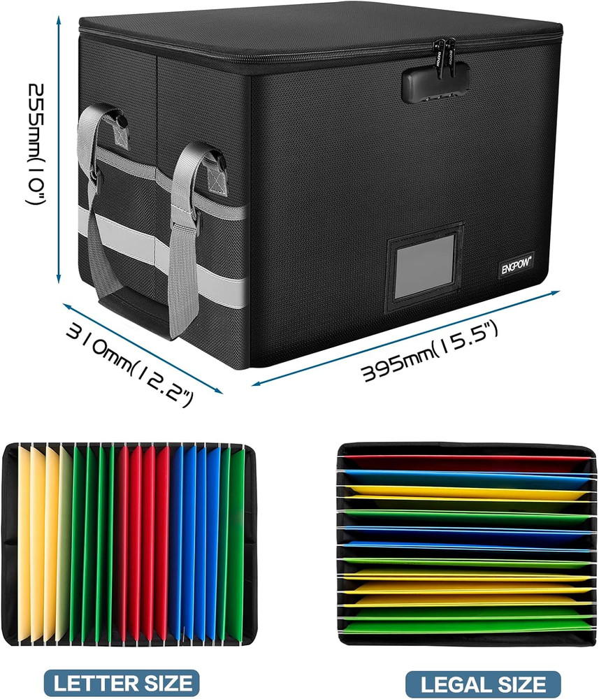 File Box with Lock,Fireproof Document Box with Zipper＆Pockets,Collapsible File O