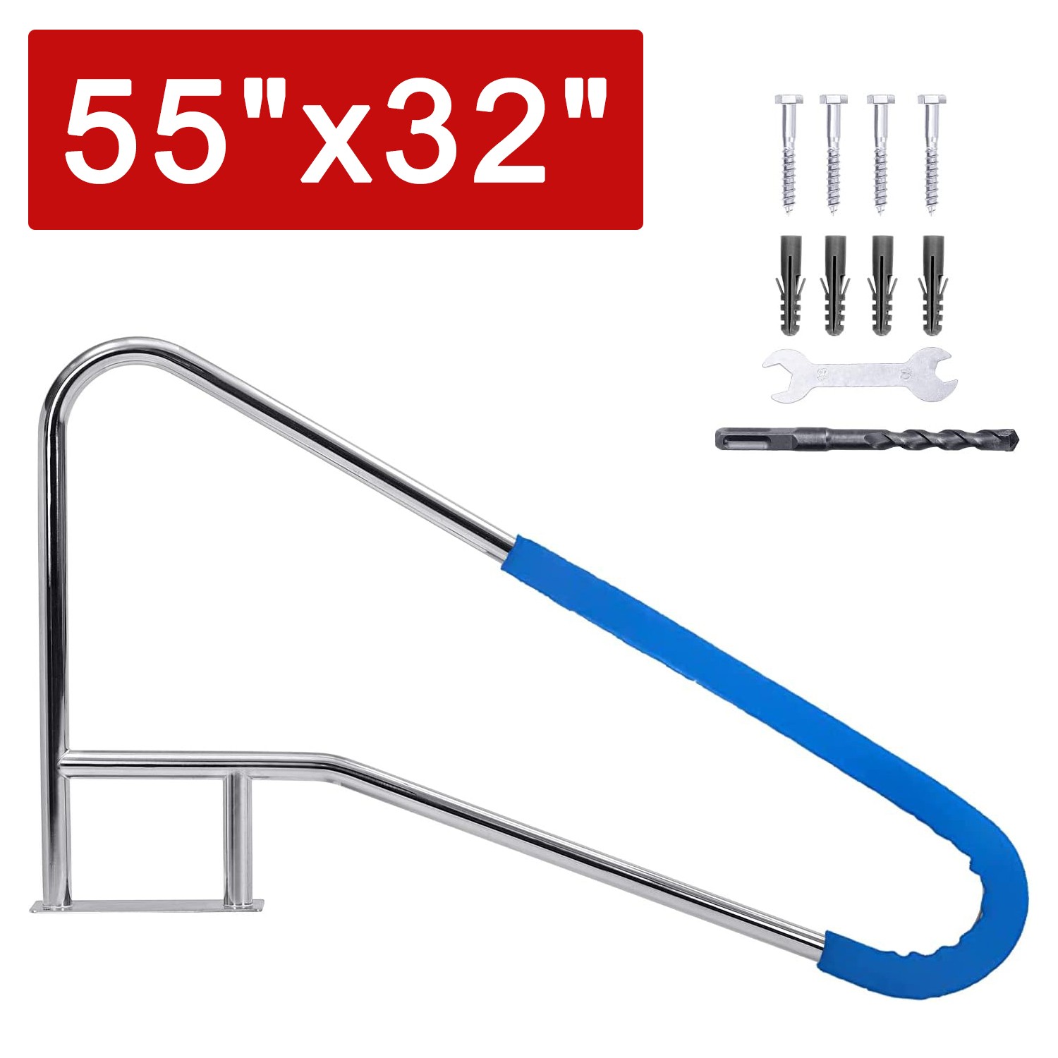 55"x32" Swimming Pool Handrail 385LBS 304 Stainless Steel Non-Slip Pool Railings