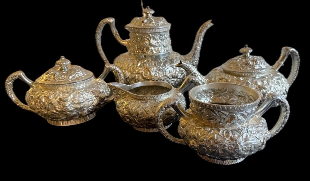 Rare American   Quadruple Plate Repousse  Five  Piece Tea Set