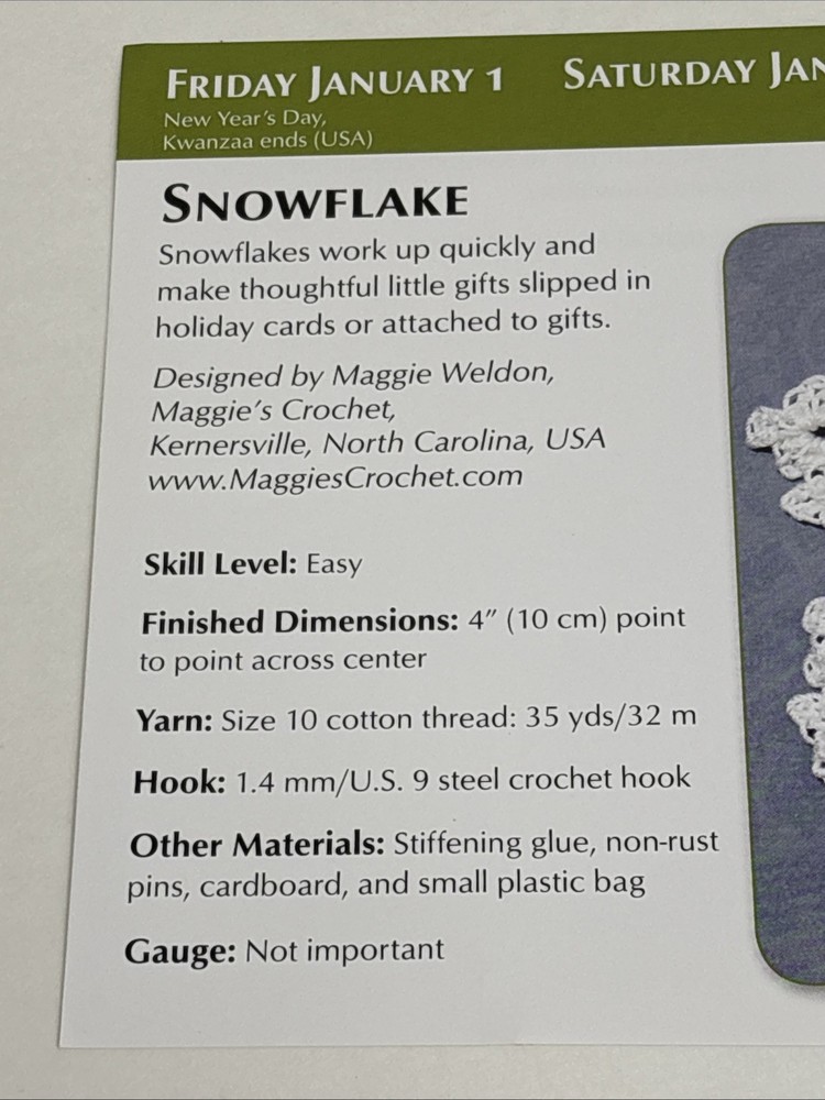 Snowflake Crochet Pattern Card Page