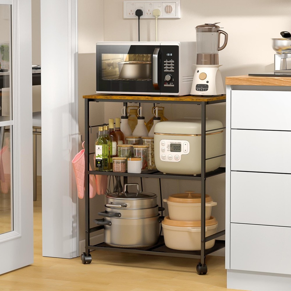 Rolling Kitchen Microwave Cart, 3 Tier Microwave Table Stand with Storage, Ki...