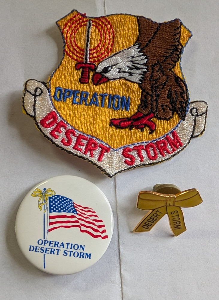 Operation Desert Storm pinback button, yellow ribbon pin, and patch