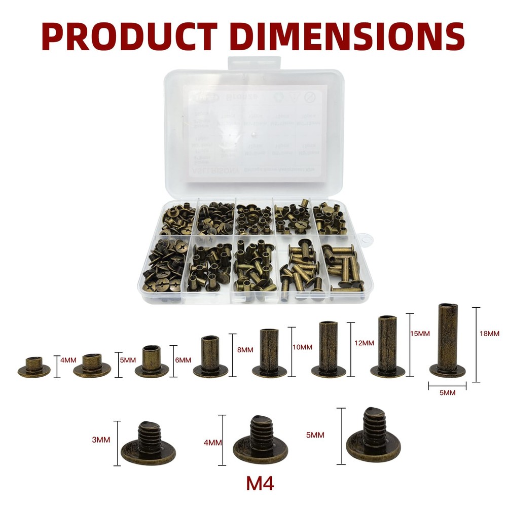 110 Sets Bronze Chicago Screws Assorted Kit, 8 Sizes, Flat Head Leather Rivets