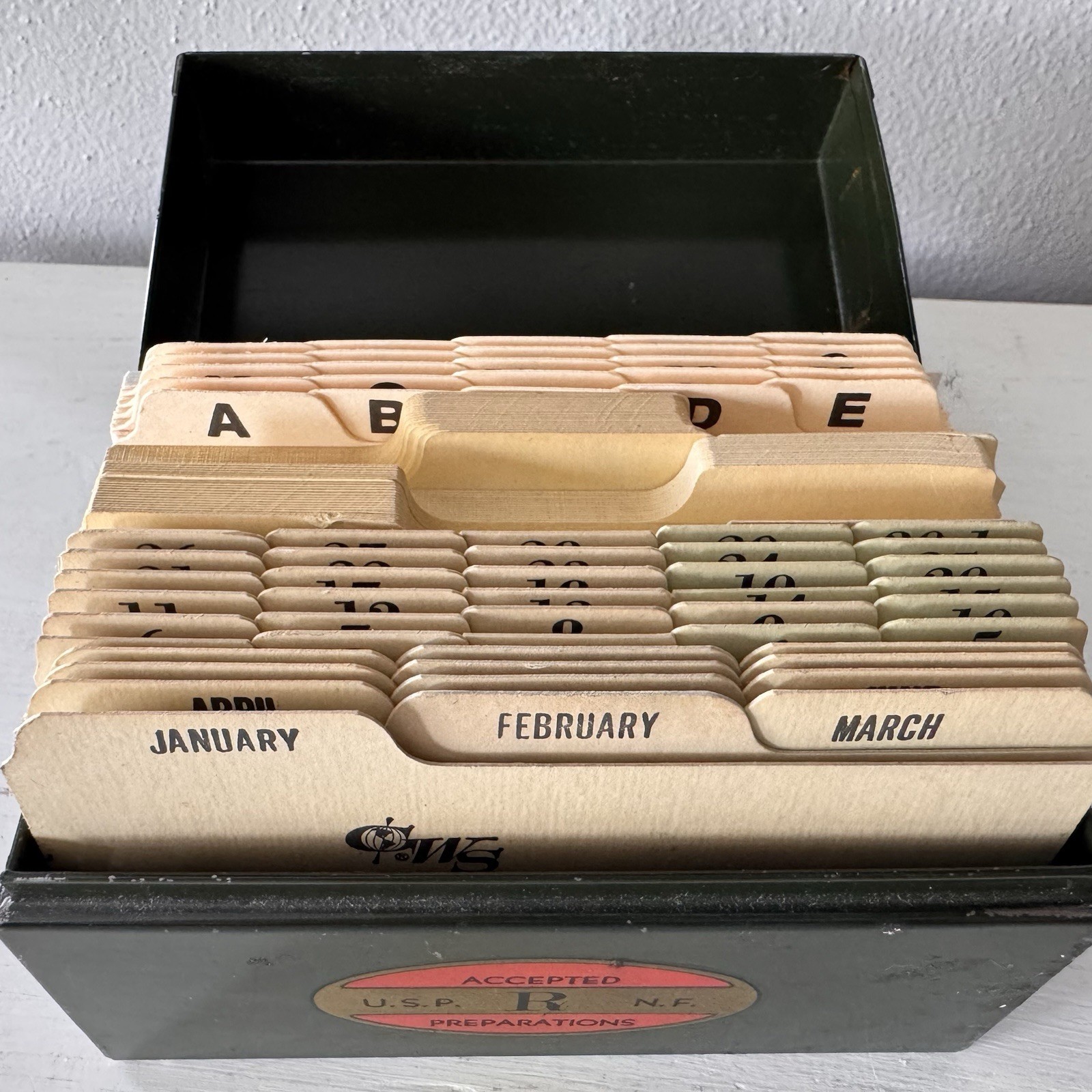 Vintage Green Metal Card File Box U.S.P. R. N.F. Accepted Preparations W Cards