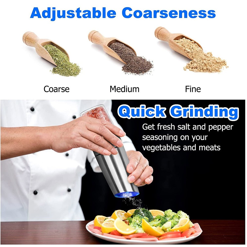 Gravity Electric Salt Pepper Mill Grinder Adjustable Coarseness Sensor LED Light