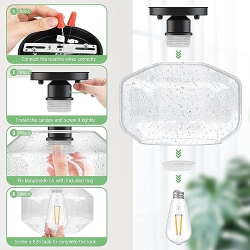 2-Pack Industrial Semi Flush Mount Ceiling Light, Black Light Seeded Glass
