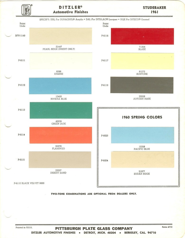 1961 STUDEBAKER LARK HAWK REGAL AUTO LINE PAINT CHIPS SHEET (PPG)
