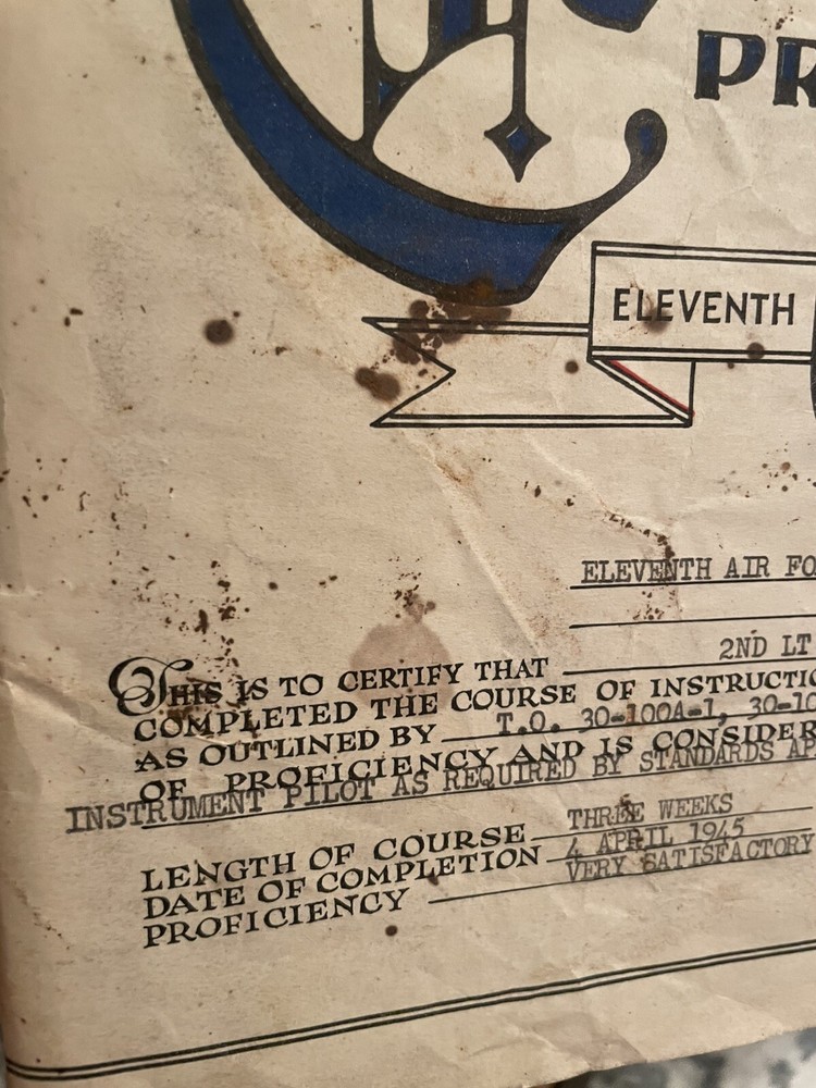 WWII 1945 11th Air Force Pilot Proficiency Certificate Instrument Course Named