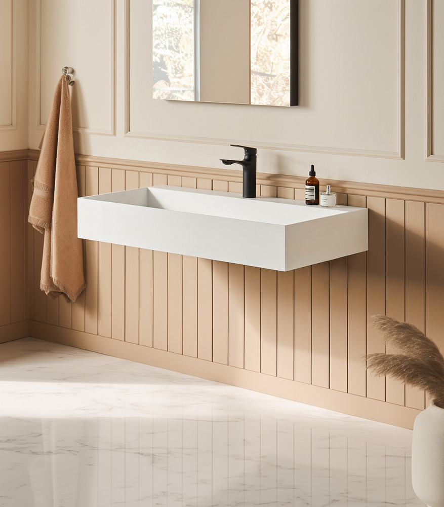 36" x 18" Solid Surface Wall Mount Rectangle Matte White Vessel Sink with Fauc