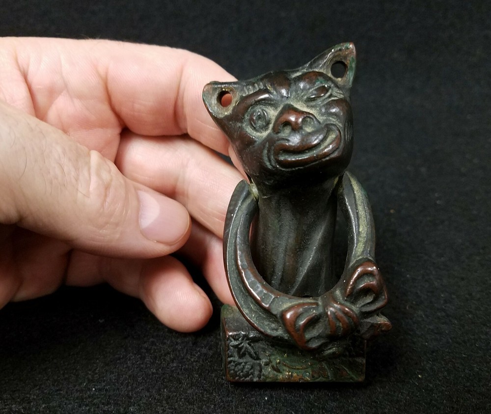 Antique Bronze Winking Comical Cat Door Knocker