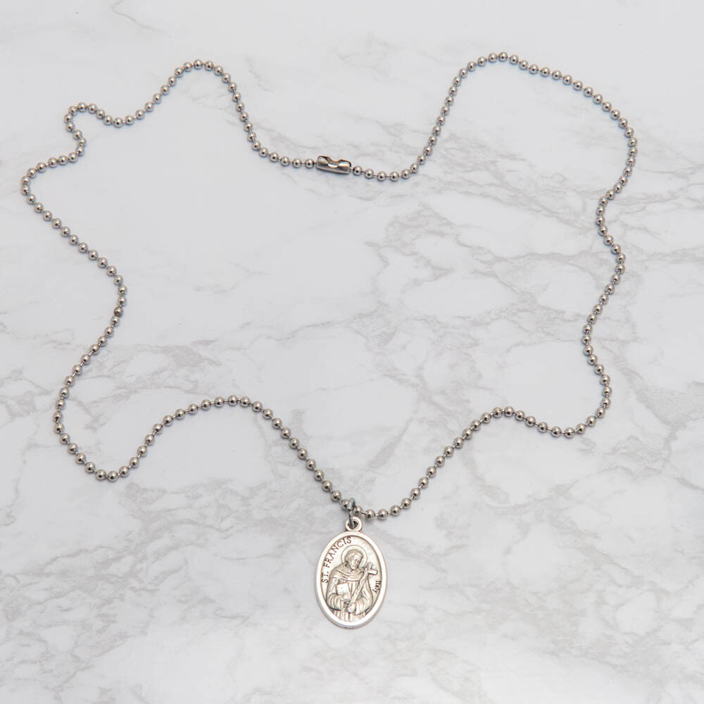 Saint St Francis Of Assisi Pray For Us 1" Medal Pendant Necklace 24" Chain Italy