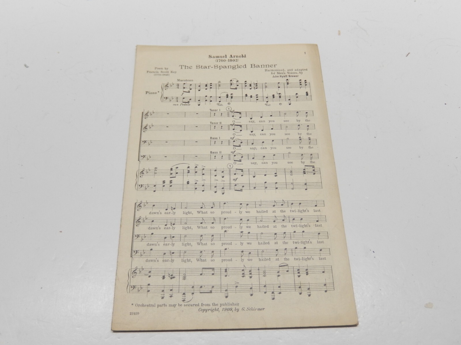 RARE ORIGINAL 1909 STAR SPANGLED BANNER 5 VERSE 4 PART CHORUS SHEET MUSIC SCORE