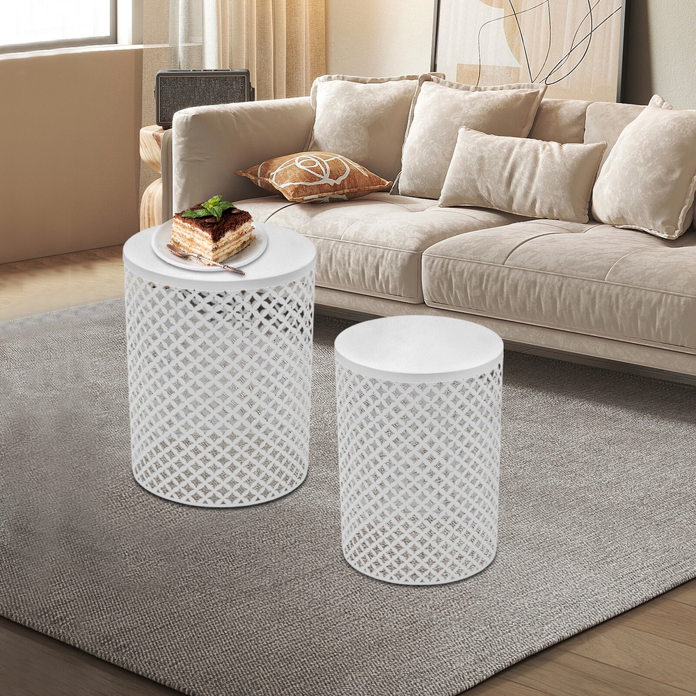 2PCSModern In/Outdoor Side Table Metal Frame Accent Table Round End Table Decor