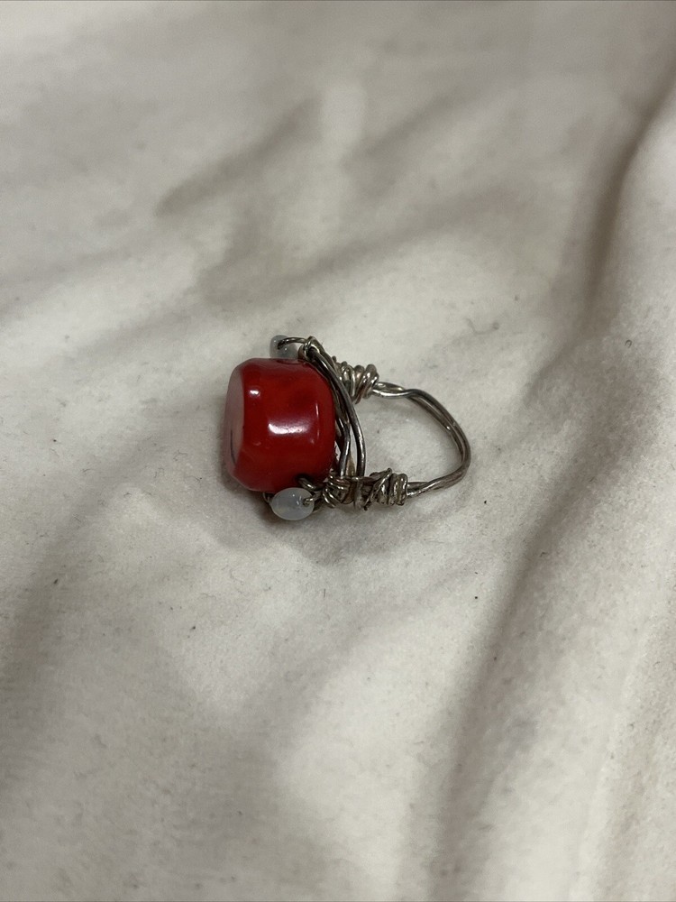 Handmade Red Czech Glass Bead Wire Wrapped Ring Size 7