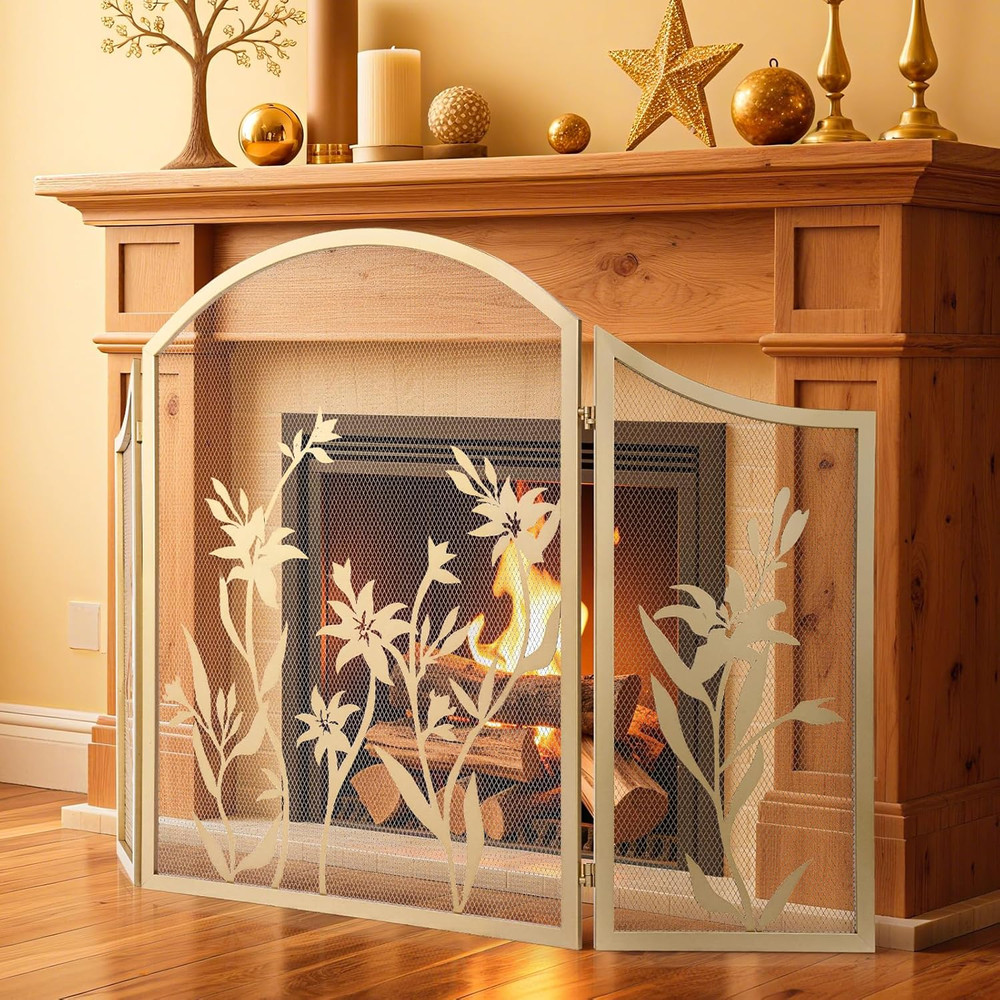 Fireplace Screen 3 Panel Folding Fireplace Screens 48.4 X 25.6 Inch Lily Pattern