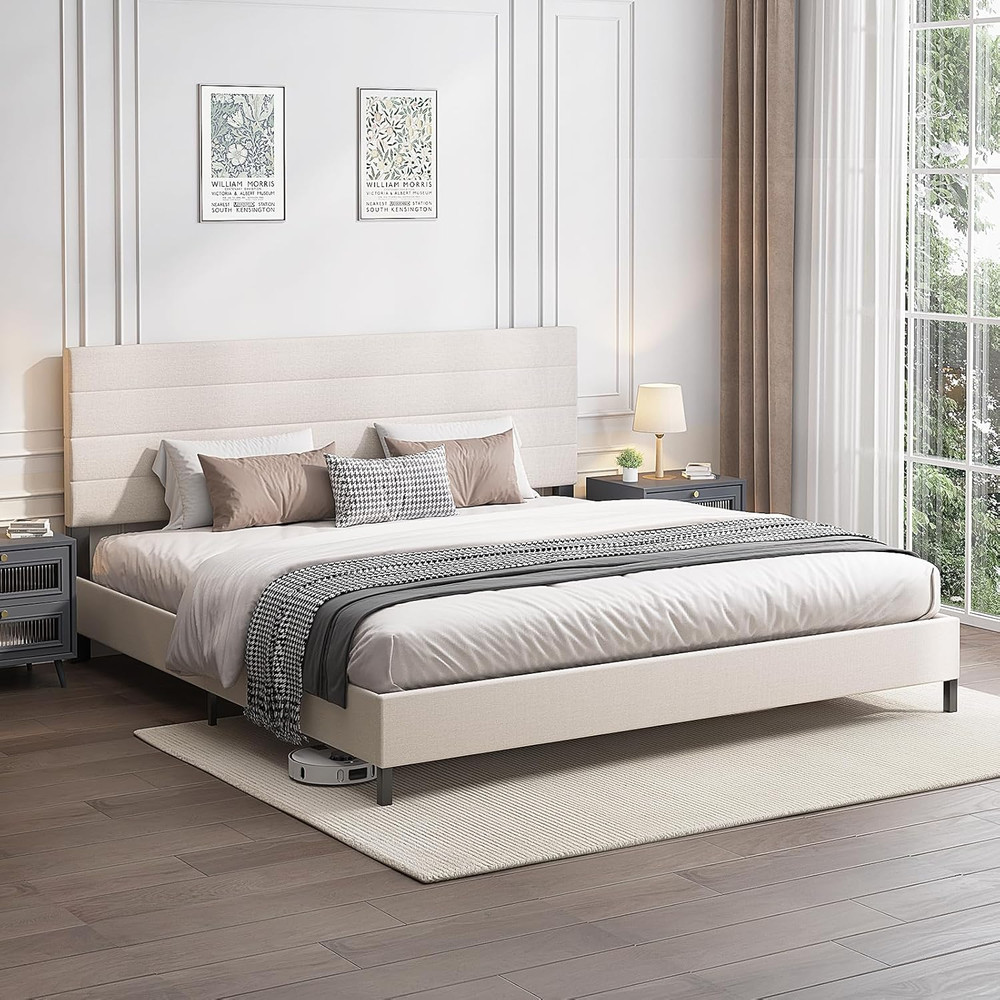King Size Bed Frame, Modern Upholstered Bed Frame King with Adjustable Linen Hea