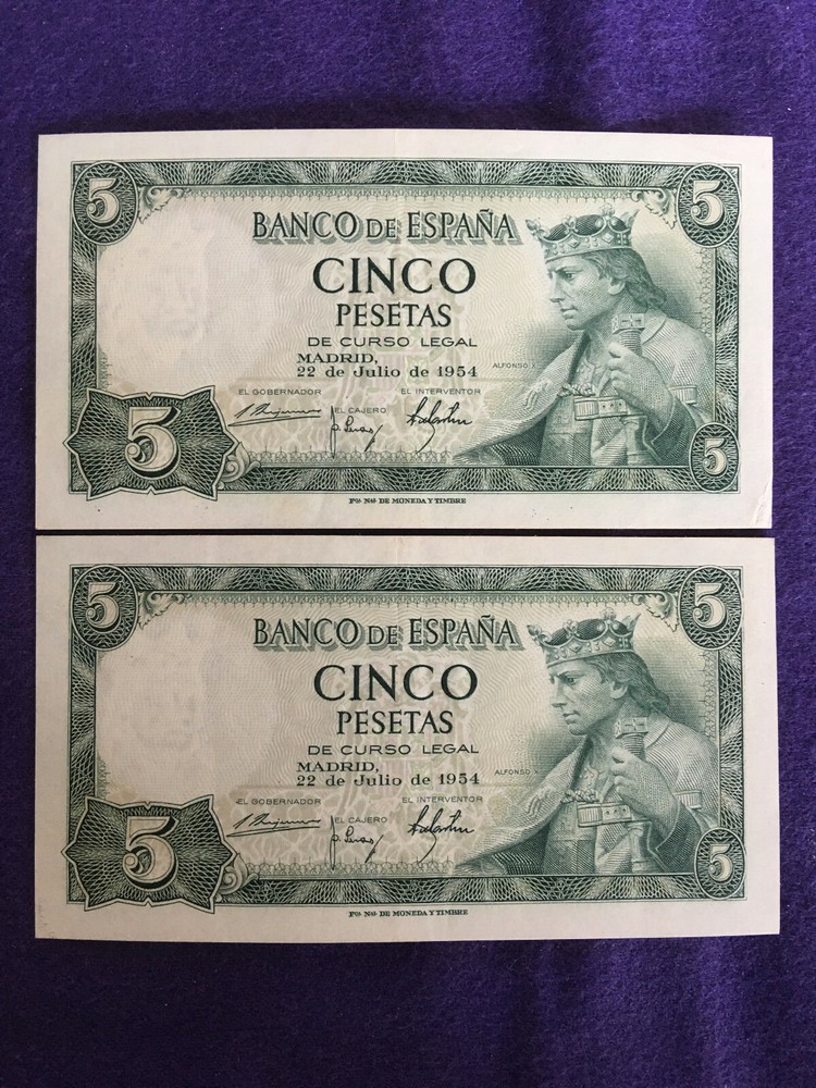 SPAIN (2 SEQUENTIAL) 1954 5 PESETA NOTES / EXQUISITE