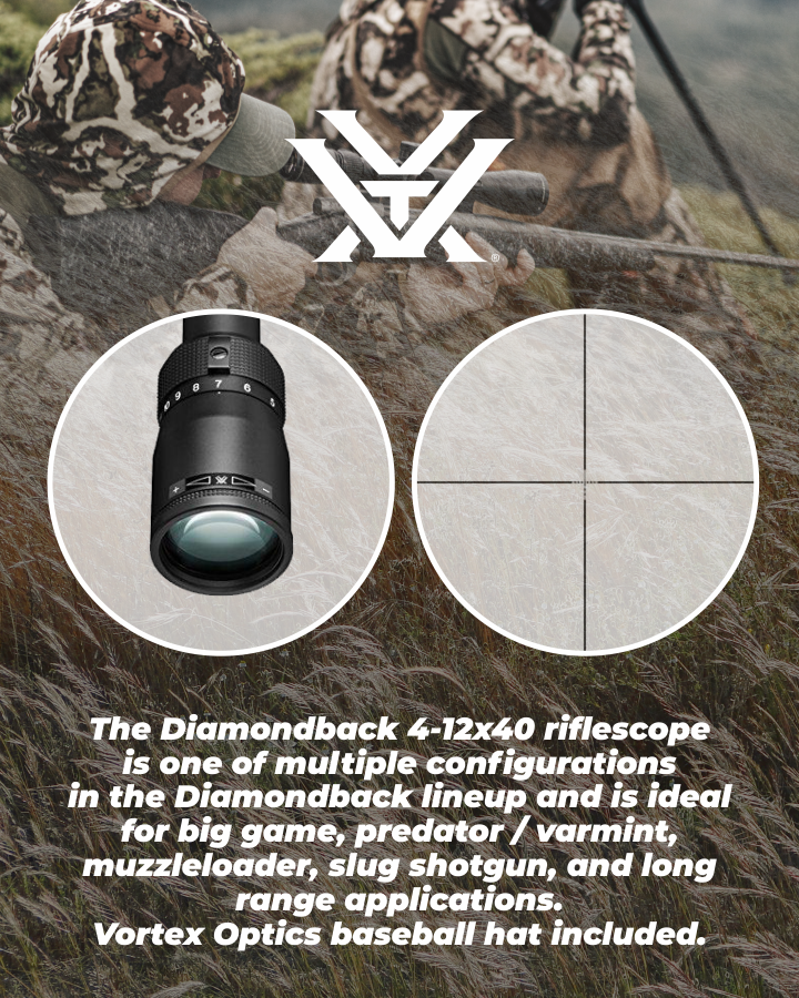 Vortex Diamondback 4-12x40 Riflescope Dead-Hold BDC MOA w/Camo Forest Hat Bundle
