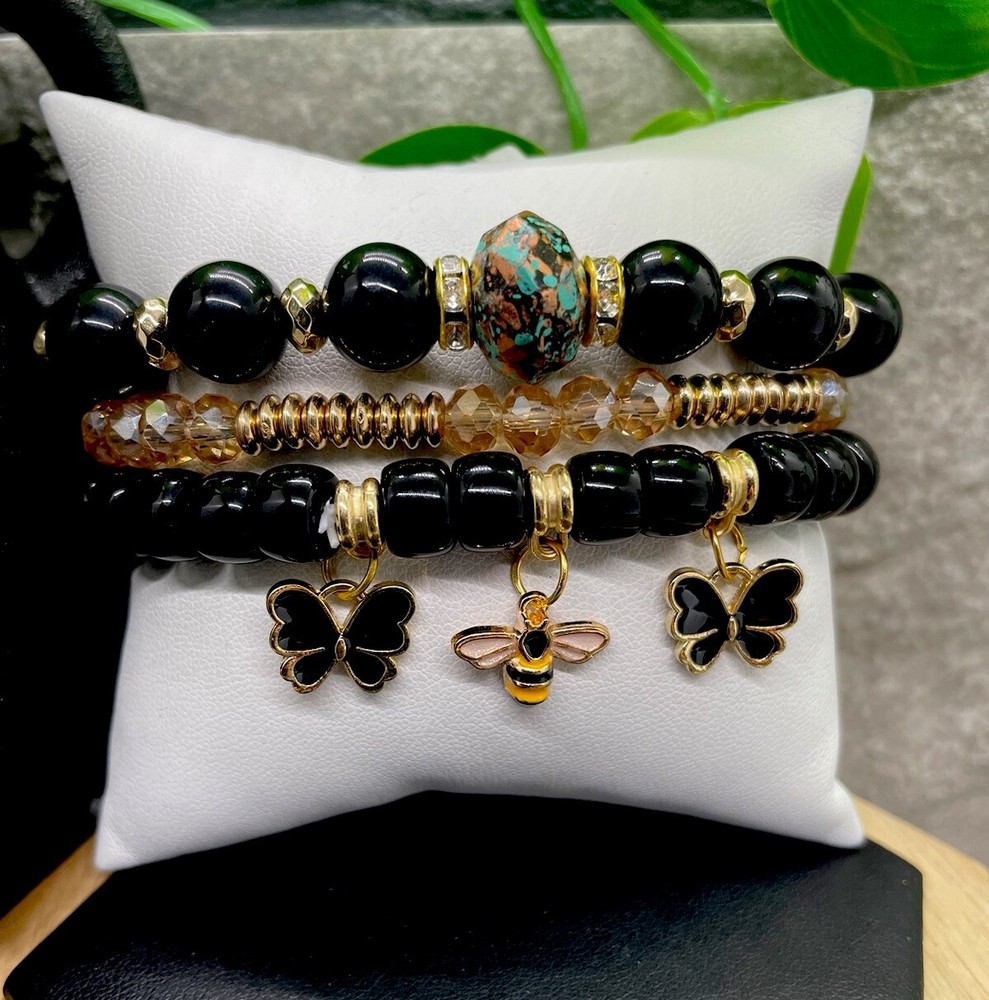3 PC Handmade Boho Beaded Stackable 6.5” Plus Stretch Bracelet Set New B1340