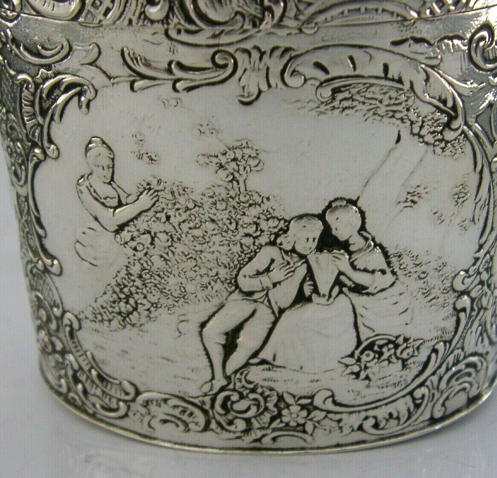 BEAUTIFUL ROMANTIC HANAU GERMAN SOLID SILVER TEA CADDY c1900 ANTIQUE 155g
