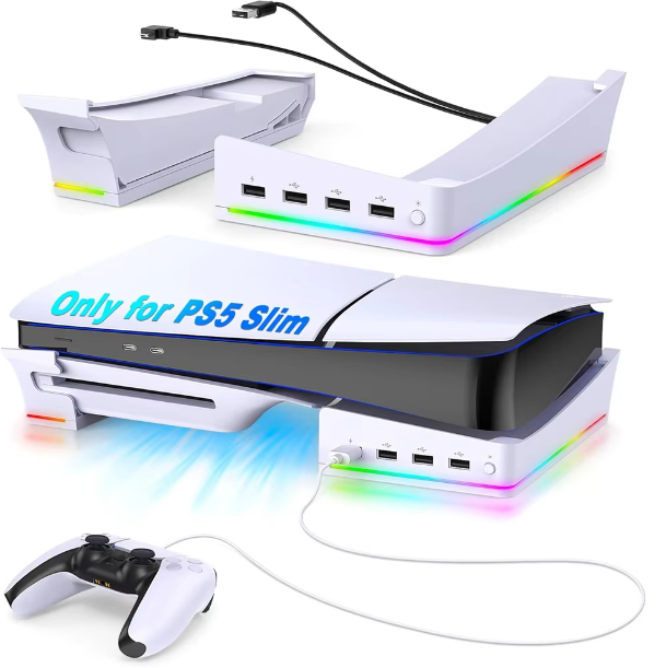 RGB Horizontal Charging Stand Accessories for Playstation PS5 Slim Console White