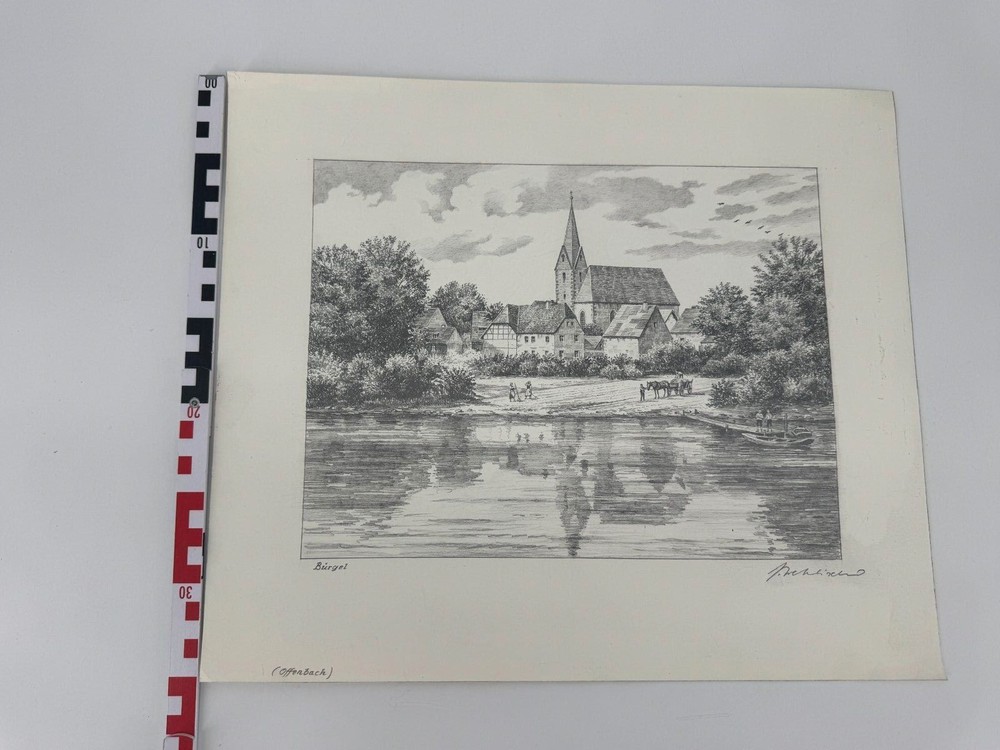 * HEINZ WEHLISCH DRAWING BÜRGEL OFFENBACH VIEW SIGNED