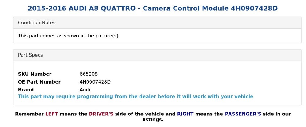 2015-2016 AUDI A8 QUATTRO - Camera Control Module 4H0907428D