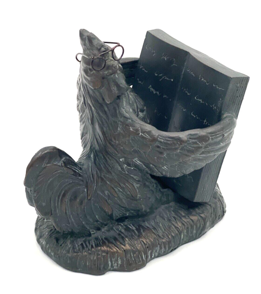 Cast Bronze Chicken Figurine Reading  A Book