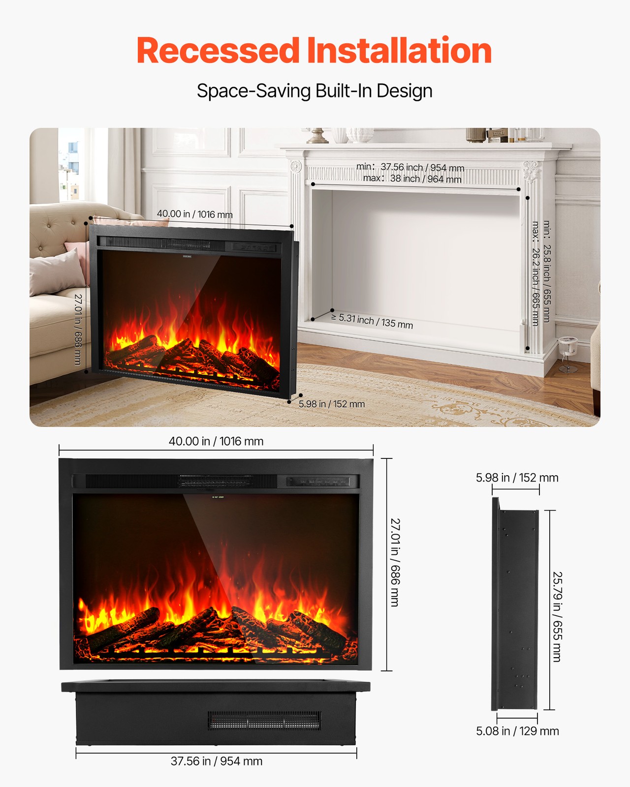 VEVOR 40in Electric Fireplace Insert Wall Recessed Heater 750W 1500W Remote