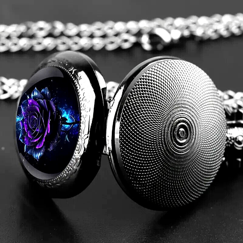 NEW Purple Rose Vintage Like, Quartz Pocket Watch, Black Necklace Chain 1.4wx.6d