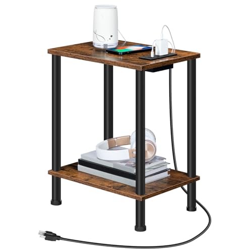 Side Table with Charging Station, Small End Table with 1 Rustic Brown + Black
