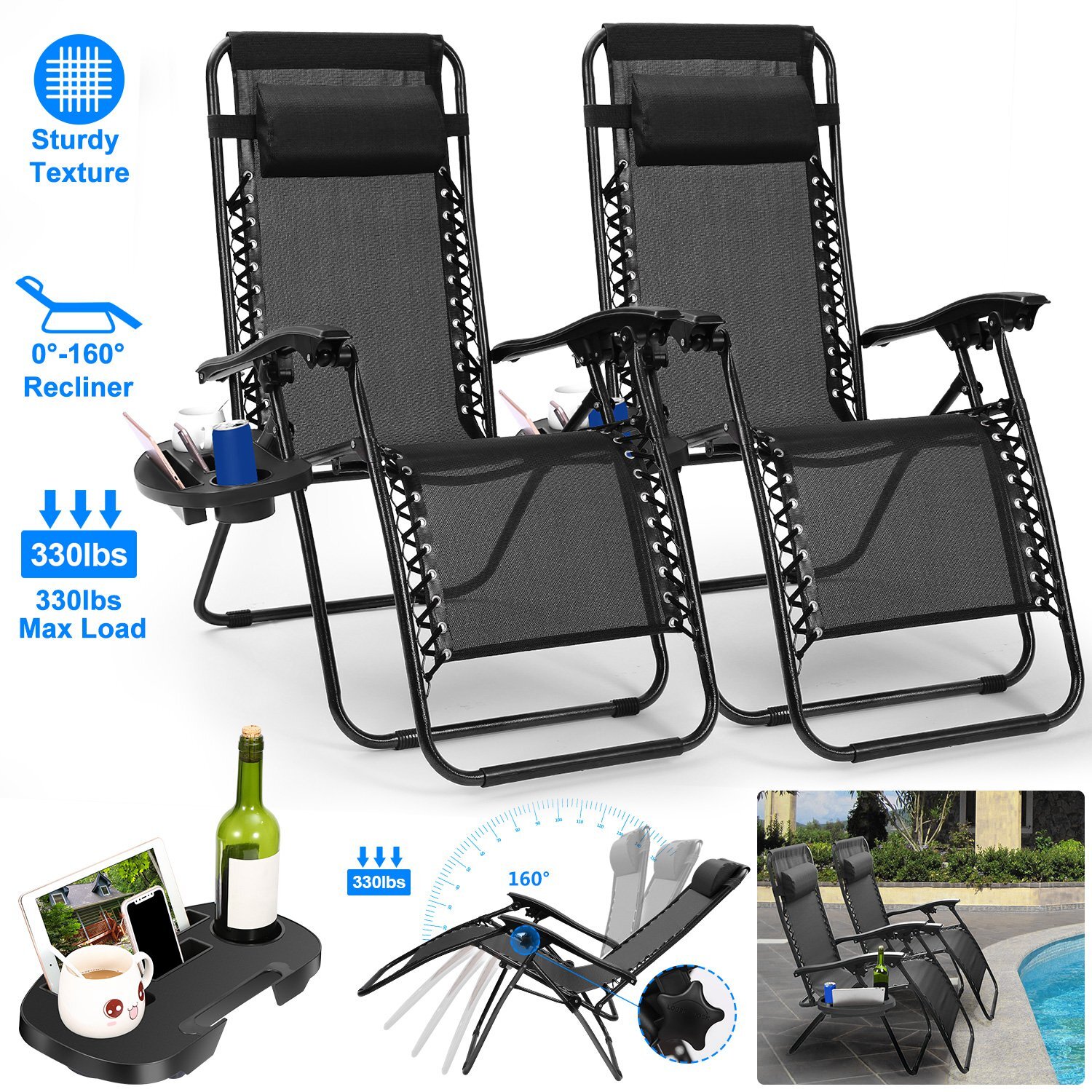 2 Sets Gravity Chairs Folding Patio Lounge Beach Outdoor Recliner with Side Tray