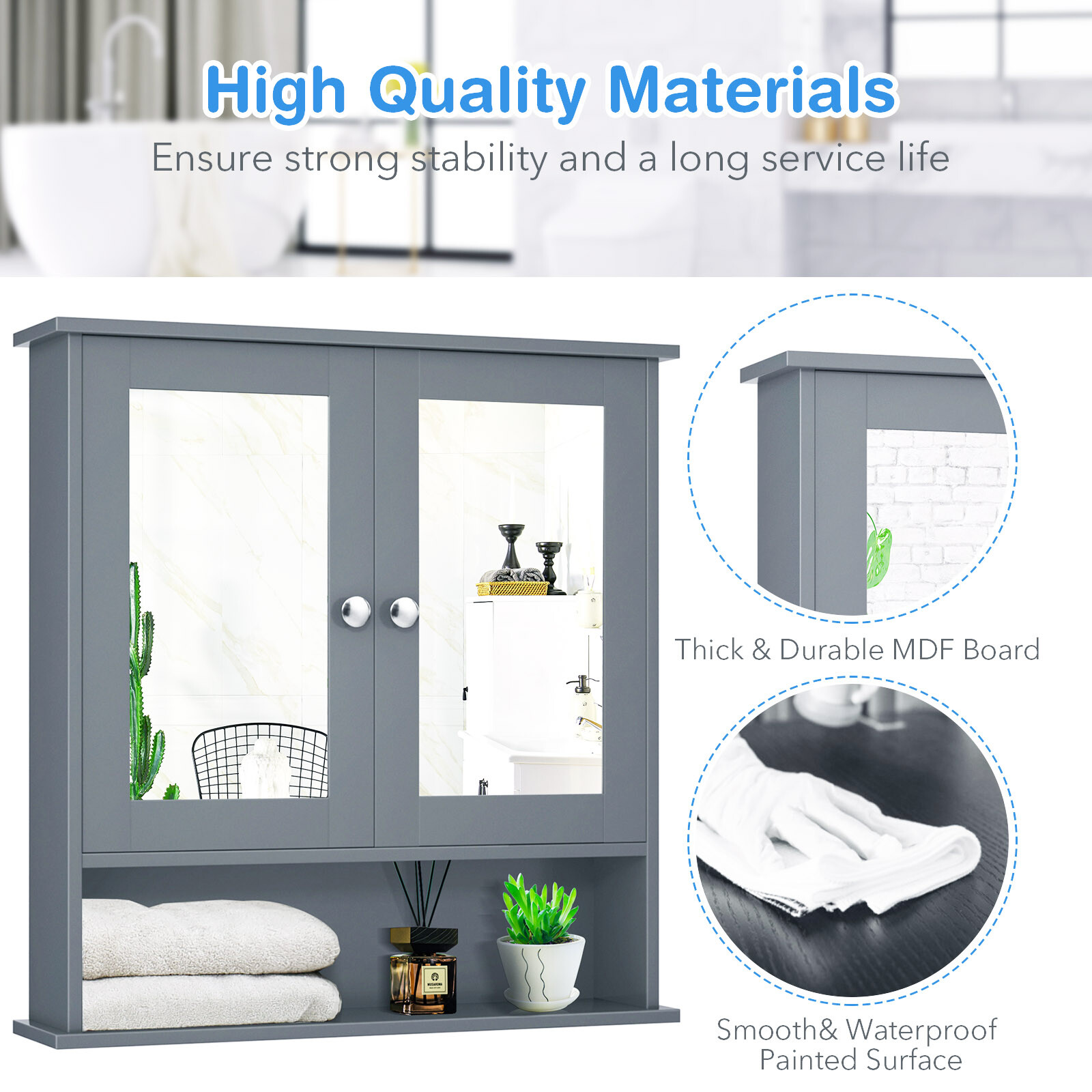 Costway Wall Mount Mirror Cabinet Bathroom Medicine Cabinet Organizer Grey