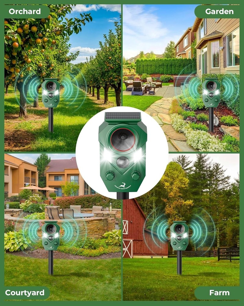 Humane Solar Deer Repellent - Ultrasonic Motion Sensor with Strobe Light, 4-Pack