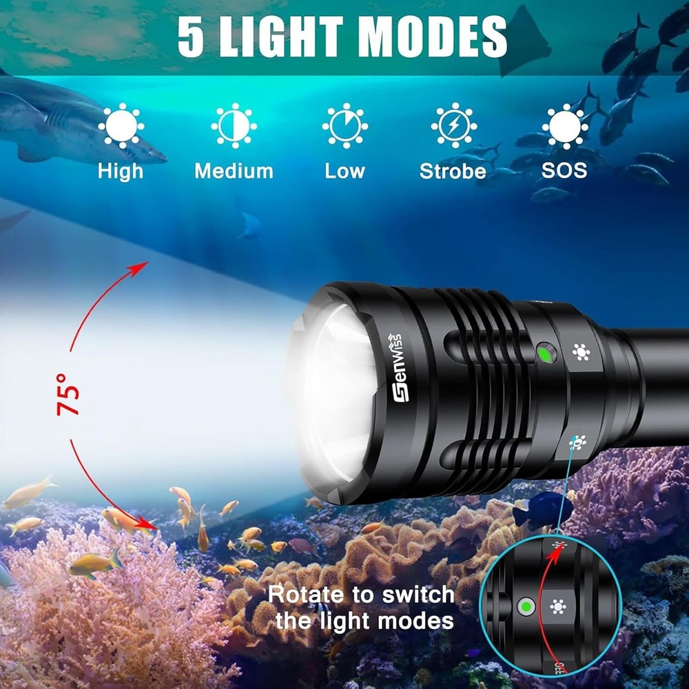 Dive Light 2000 Lumen Waterproof Flashlight with 5 Modes, Underwater Flashlight