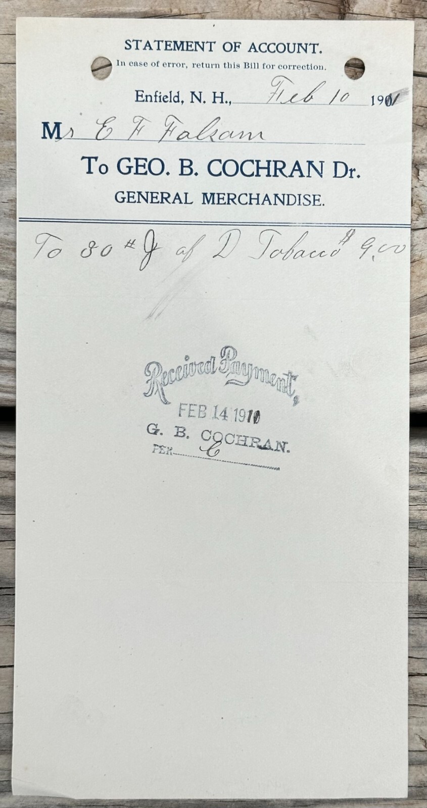 1911 Geo B Cochran Dealer General Merchandise Billhead ENFIELD NH