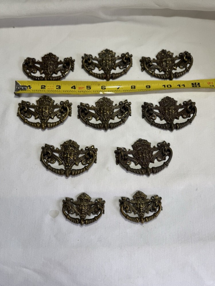 10 Rare Gothic Victorian Devil Face Brass Bail Drawer Pulls (8 Large & 2 Small)