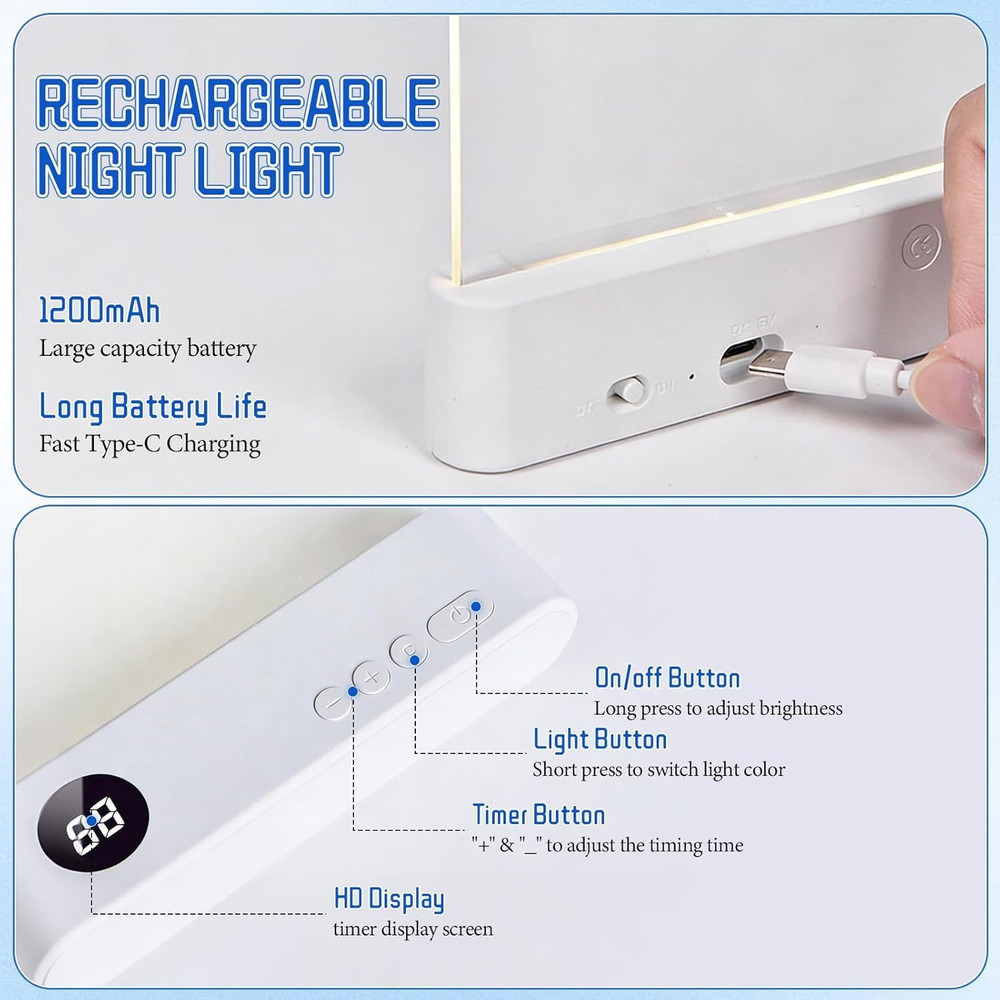 Rechargeable LED Book Light with 3 Colors, Timer, and Dimmable Panel