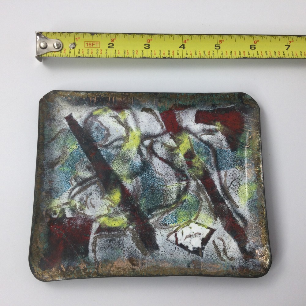 Vintage Copper Handmade Enameled Trinket Rectangular Abstract Dish 6"x5"