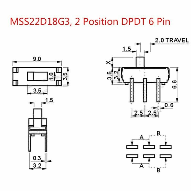 2 Position ON-OFF DPDT 2P2T 6 Pin PCB Panel Vertical Slide Switch Microswitch