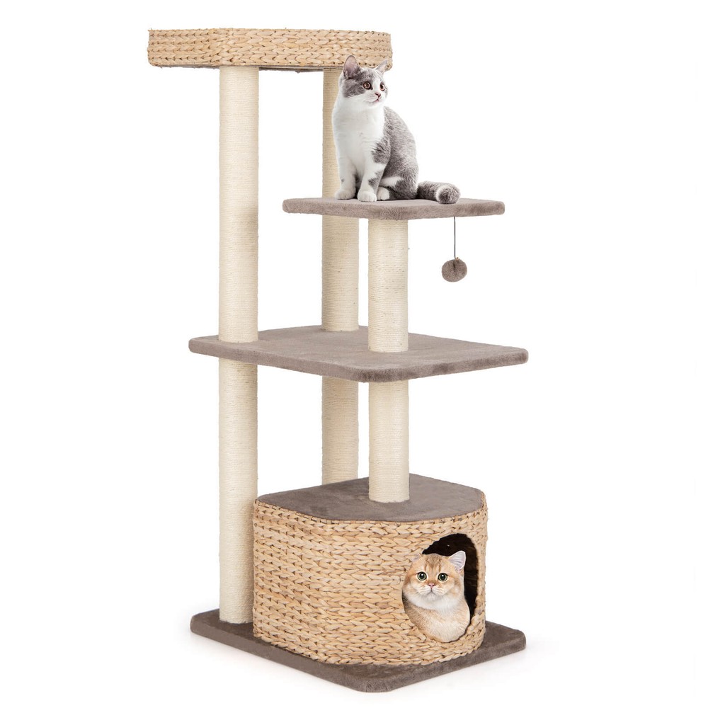 52" Cattail Cat Tower W/ Sisal Scratching Posts Perch Dangling Ball Cat Tree