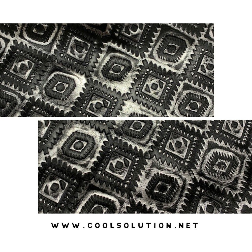 Embossed Leather Aztec Black & Silver, Leather Sheets for Wallets, Bags, Upholte