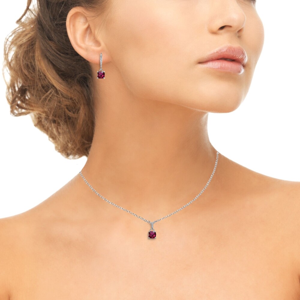 Cushion Created Ruby 925 Silver Dangle Leverback Earrings & Pendant Necklace Set