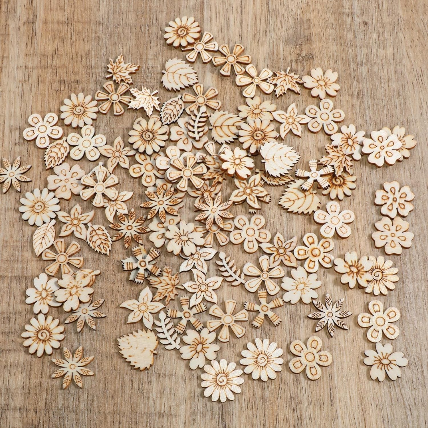 100 Pcs Poplar Wood Mini Flowers DIY Crafts Cutouts Embellishments