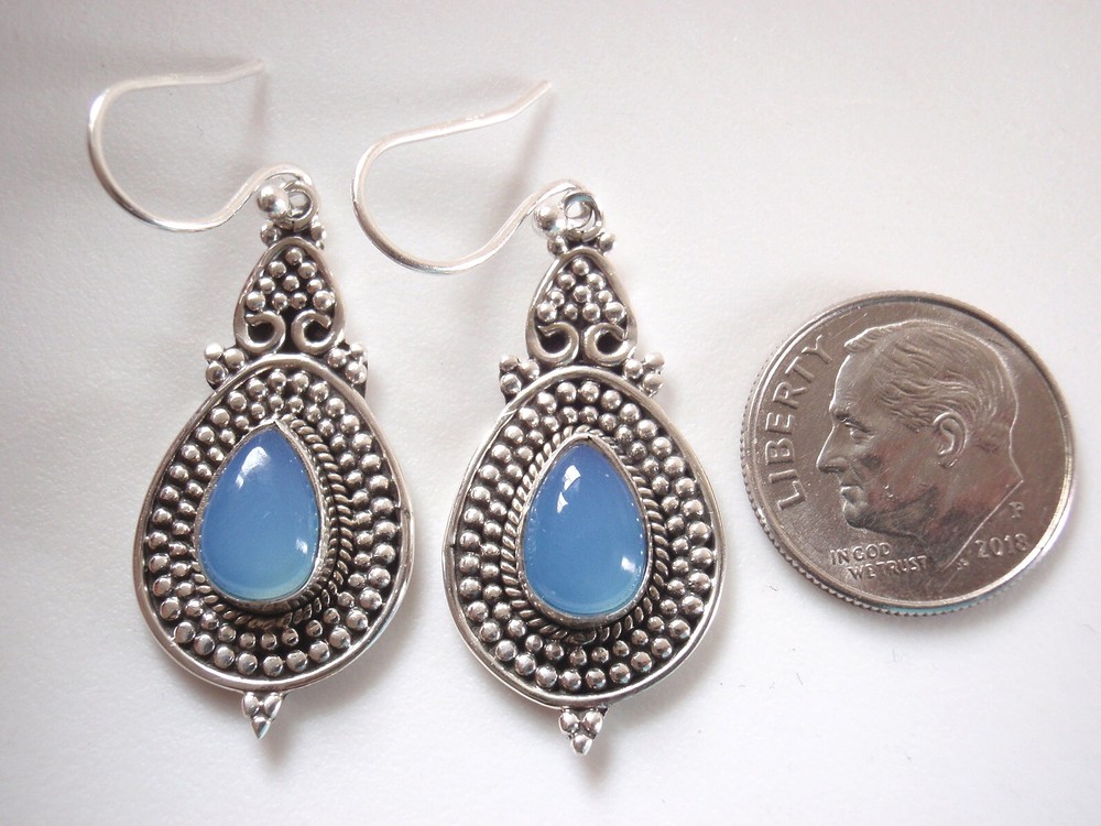 Chalcedony 100-Dots Accented 925 Sterling Silver Dangle Drop Earrings