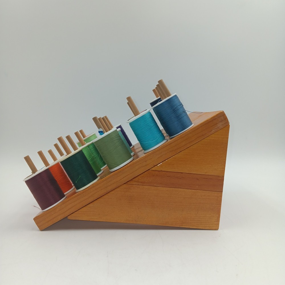 Vintage Wooden 20 Spool Handmade Thread Holder With Thread.