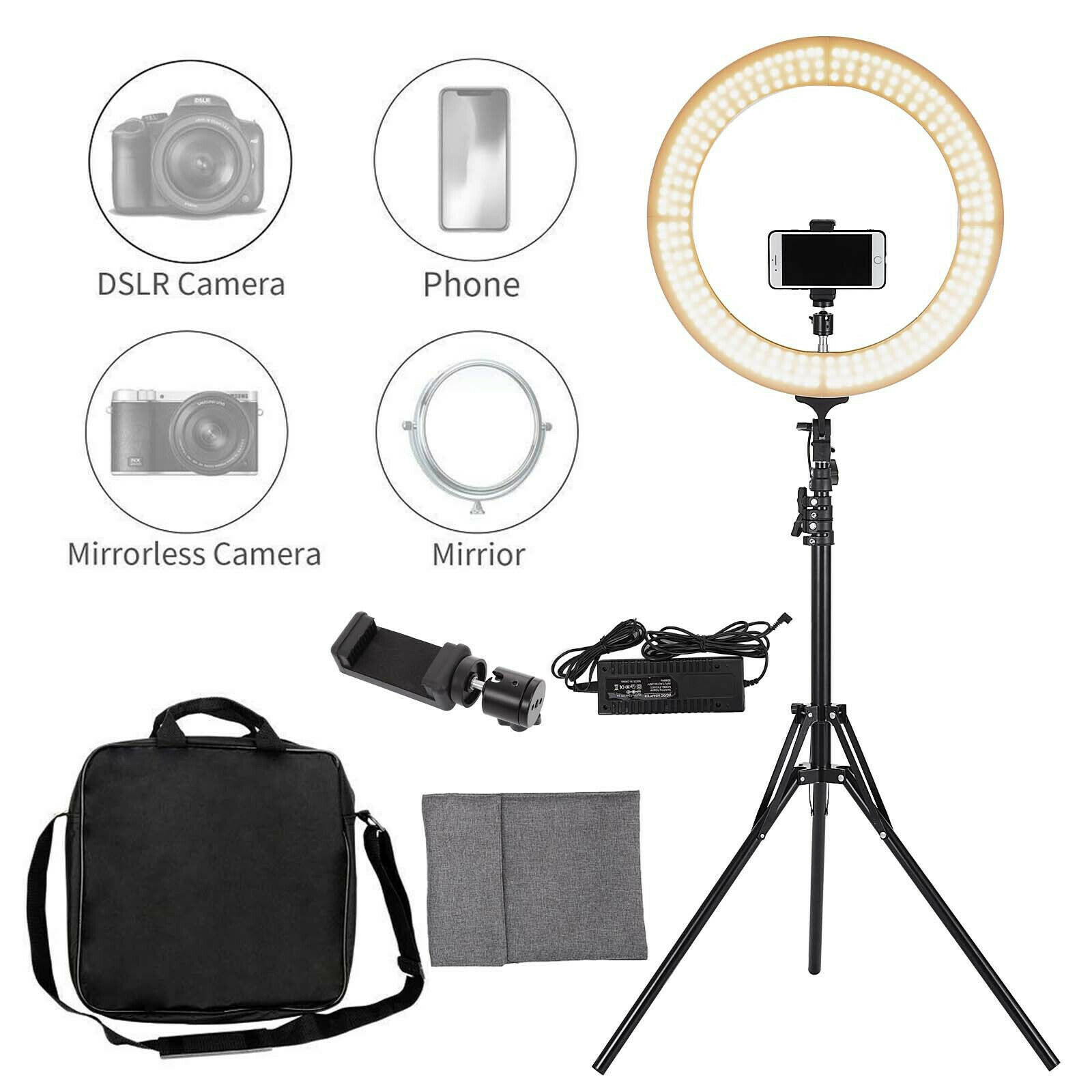 18'' LED SMD Ring Light Kit With Stand Dimmable 6500K For Camera Makeup Phone