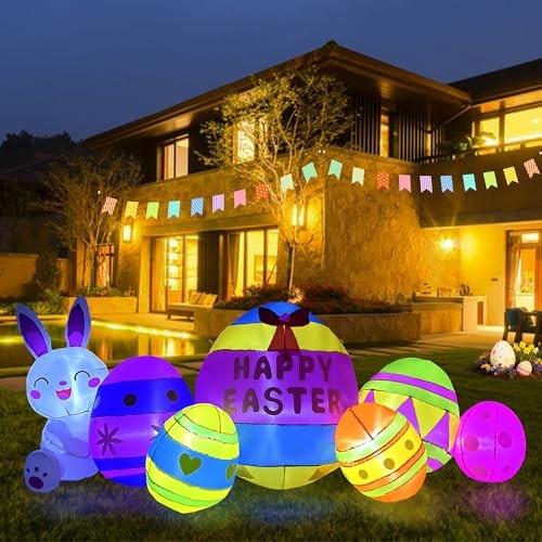 8.4FT Long Easter Inflatables with 3.2FT Adorable Bunny & Easter Colorful Eggs